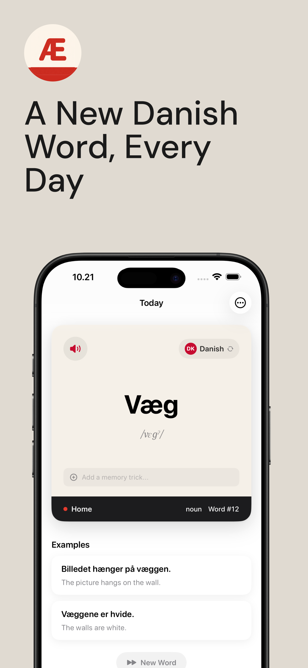 Dansk Daily word of the day screen showing Væg with phonetics and examples