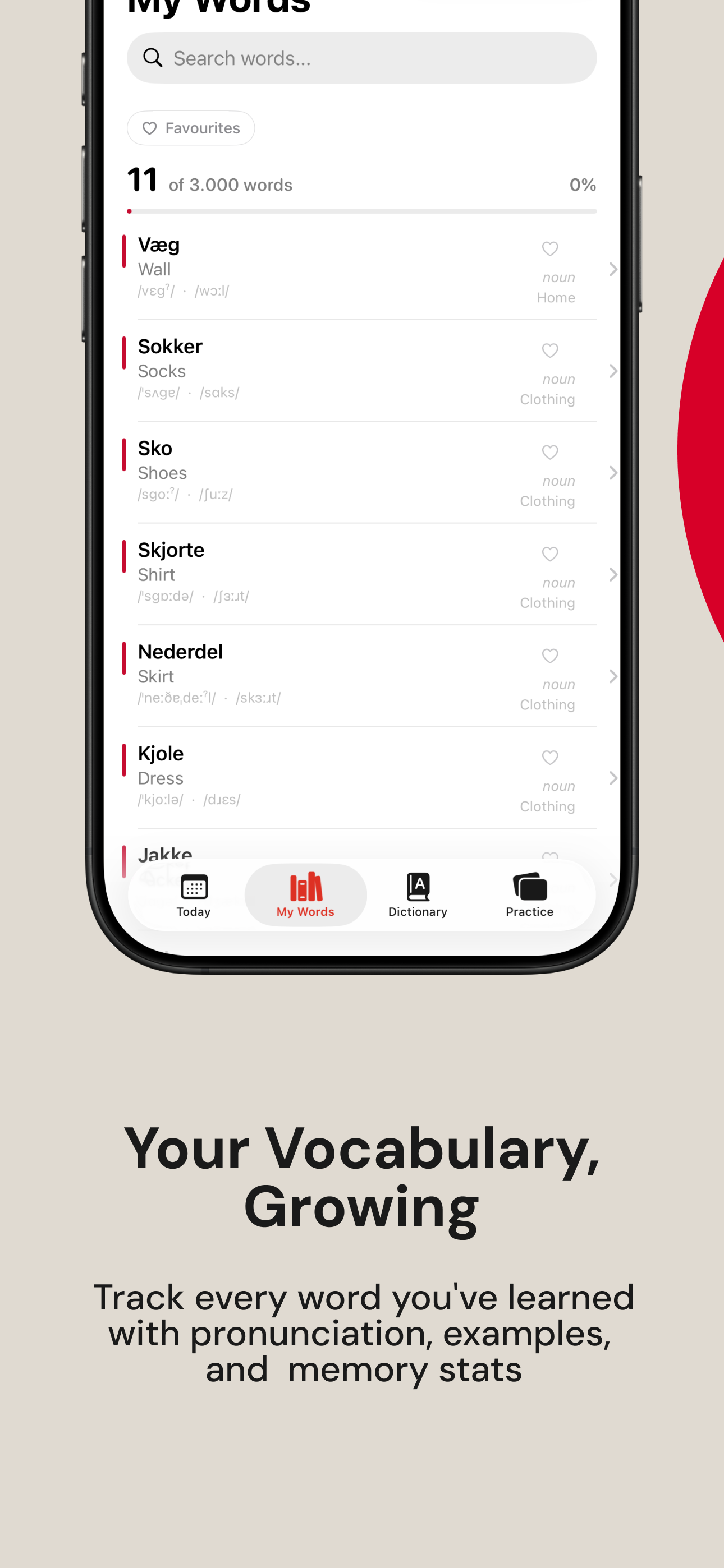 Dansk Daily My Words screen showing learned vocabulary with pronunciation and stats