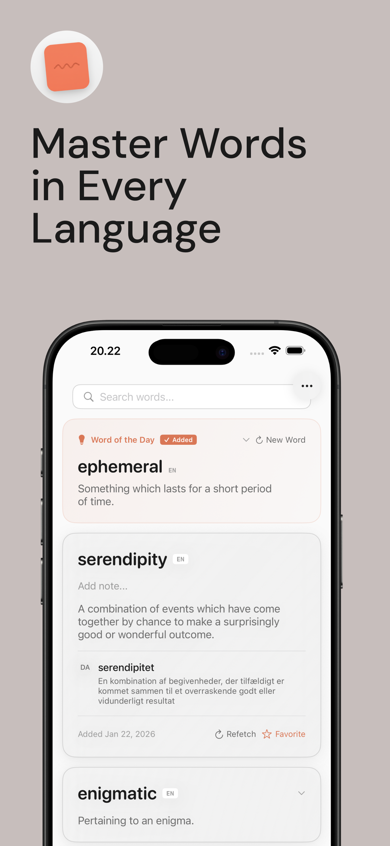 Lexiko word list showing vocabulary in multiple languages
