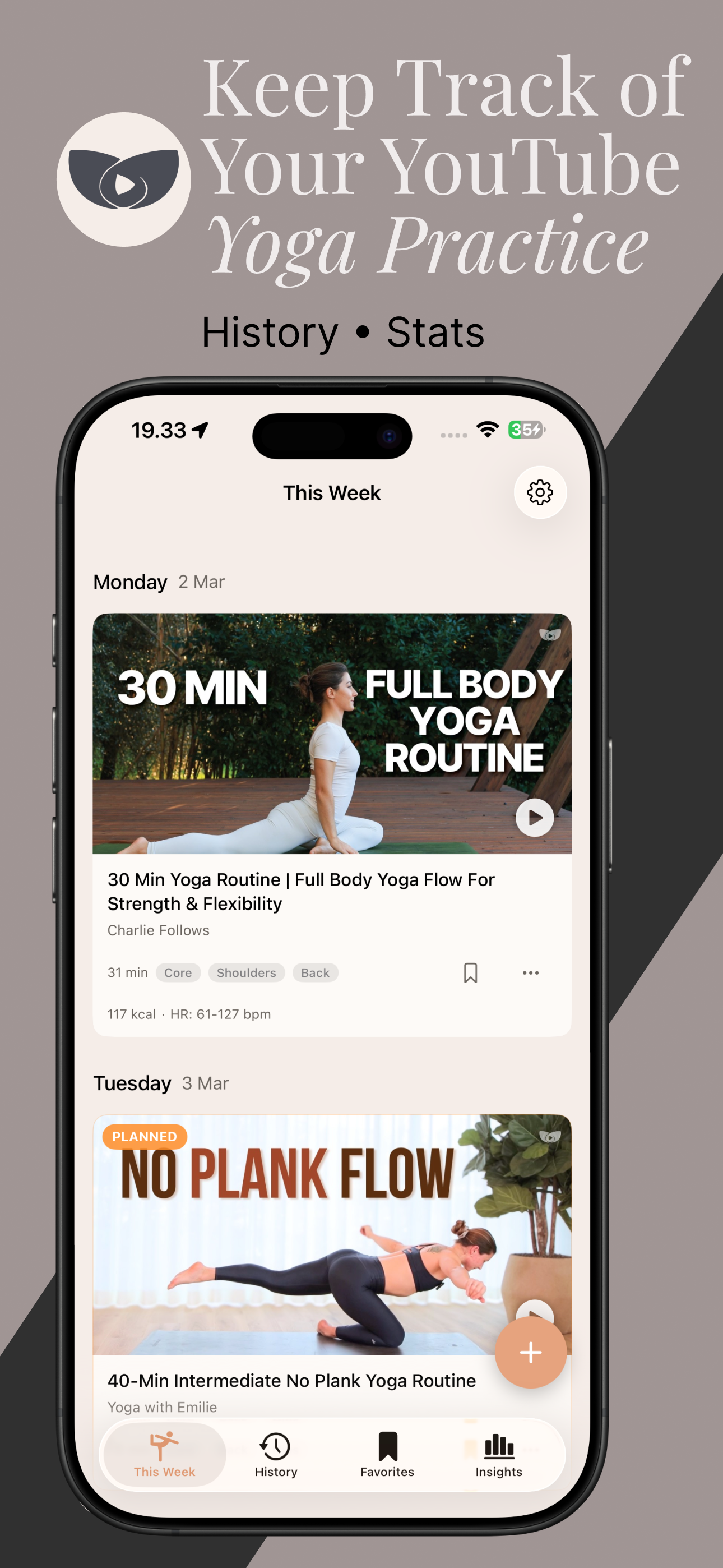 Yogly weekly calendar view with health stats